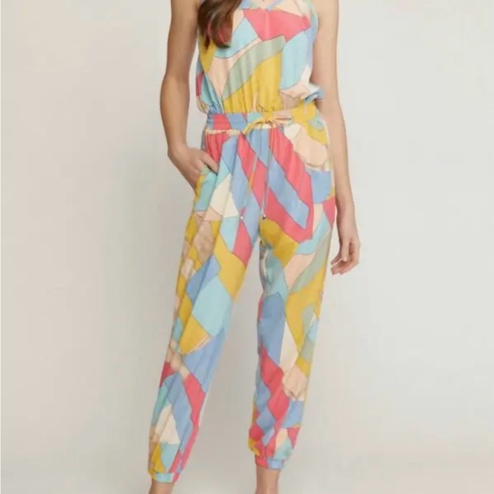 Entro Geometric Print Multi Color Tank Jogger Jumpsuit. Large